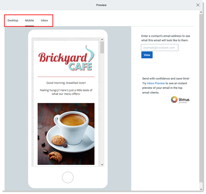 Email preview mobile view with Desktop, Mobile, and Inbox preview options