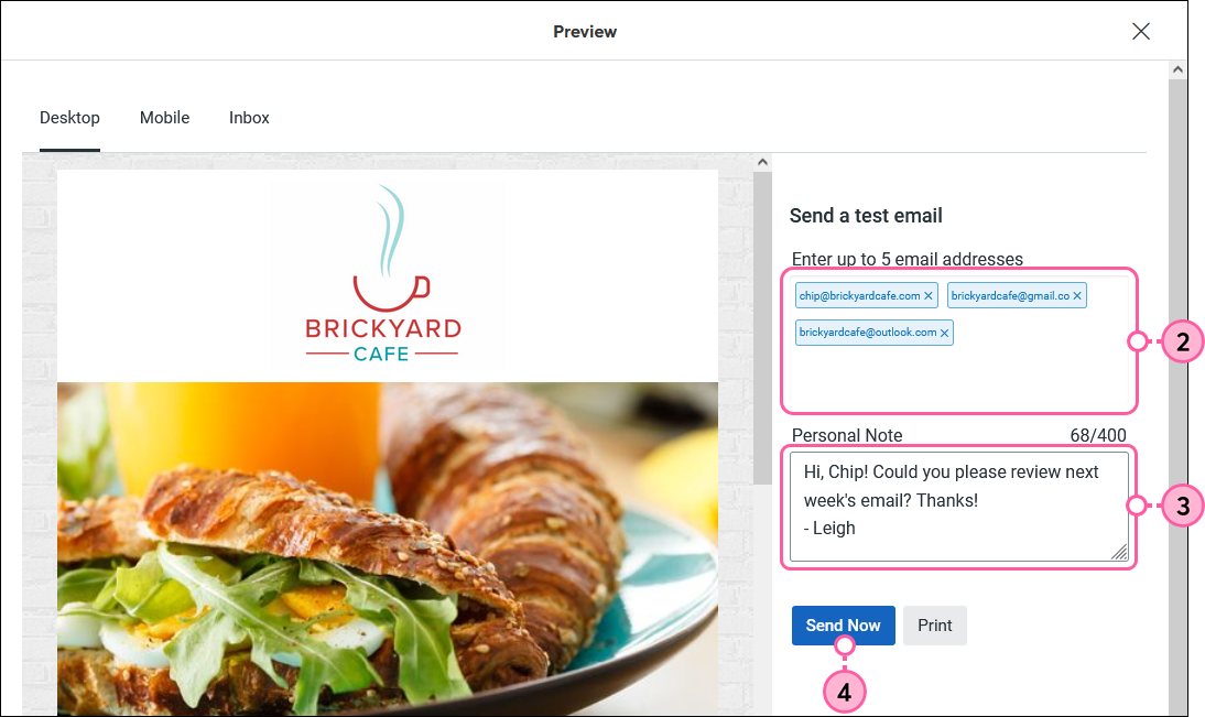 Email Address Fields, Personal Note Field, and Send Now Button