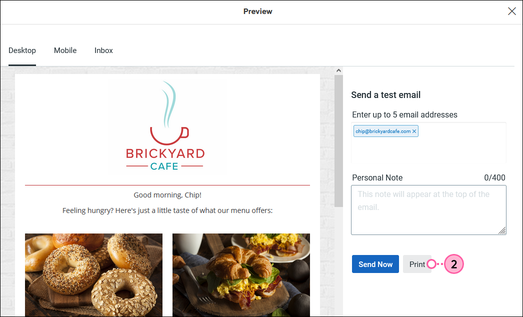 Preview page and Print button