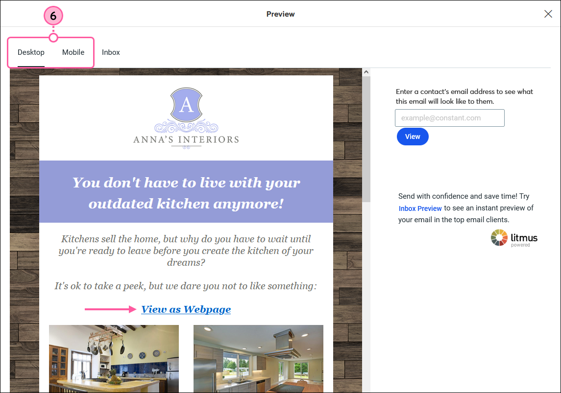 Email Preview overlay, Desktop and Mobile tab options with Desktop selected, and email content with View as Webpage link