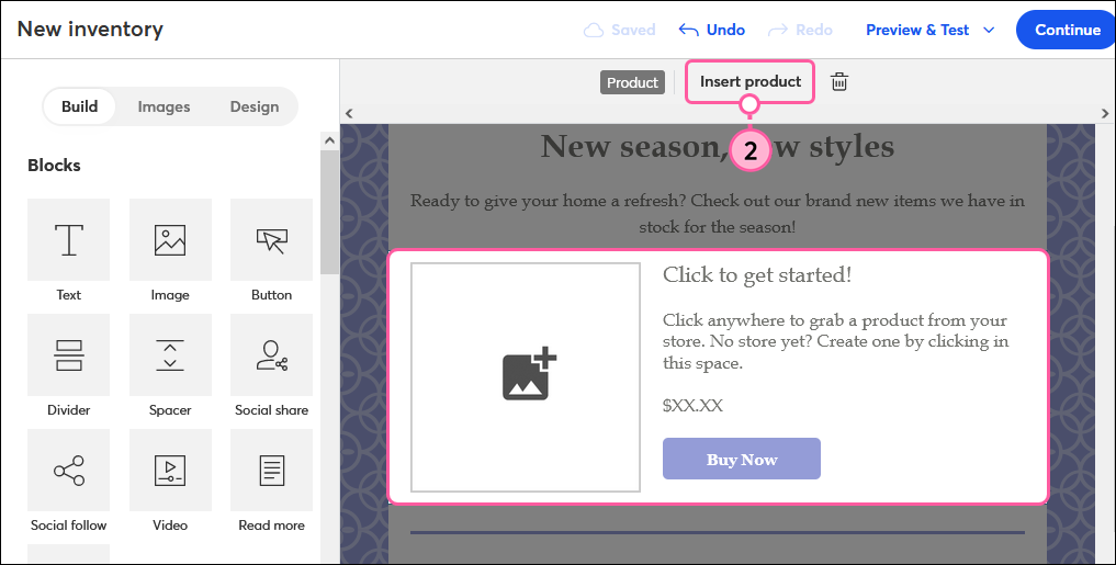 Product block toolbar and Insert Product button