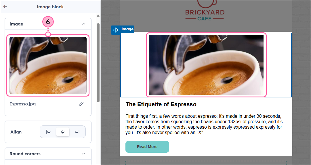 Read More block inserted and Image block panel with image selected