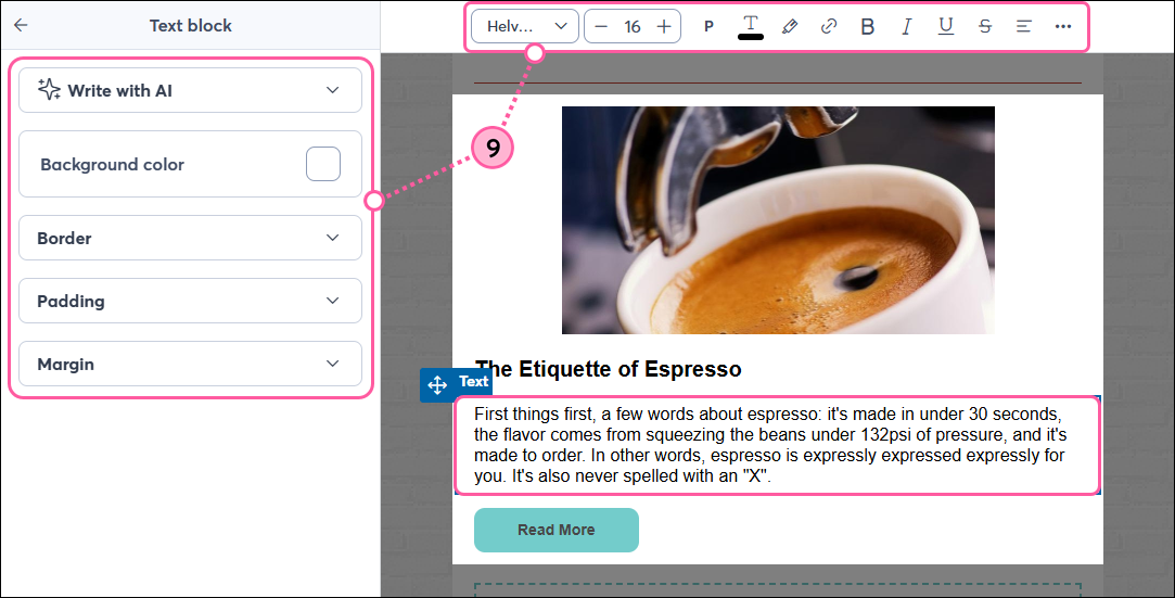 Read More block with text selected and Text toolbar editing options