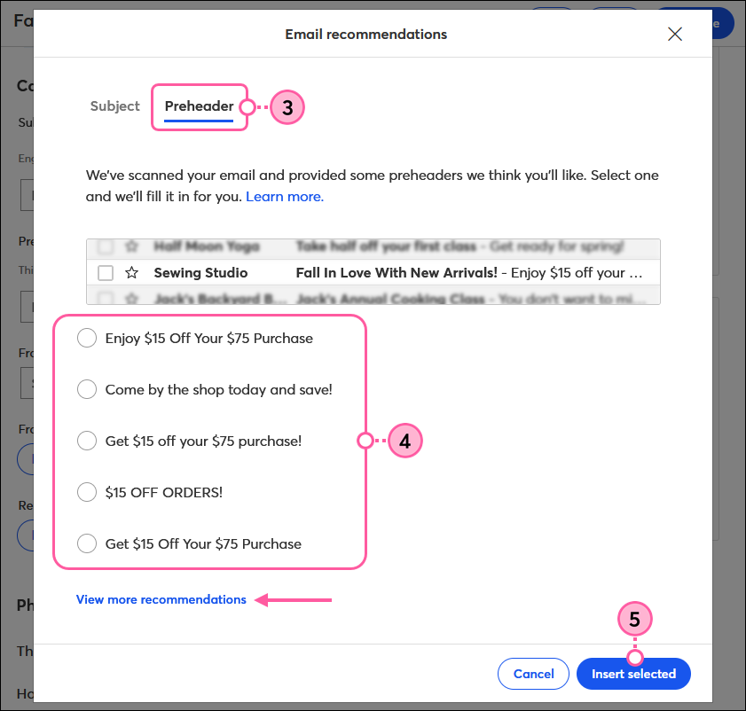 Email recommendations, Preheader tab, preheader options, View More Recommendations link, and Insert Selected button