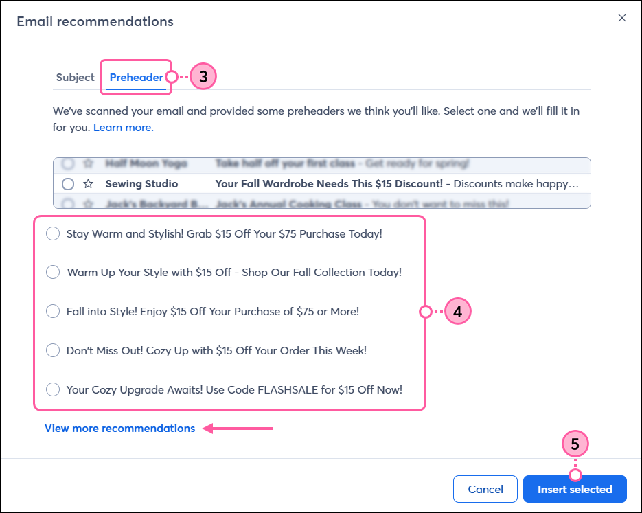 Email recommendations, Preheader tab, preheader options, View More Recommendations link, and Insert Selected button