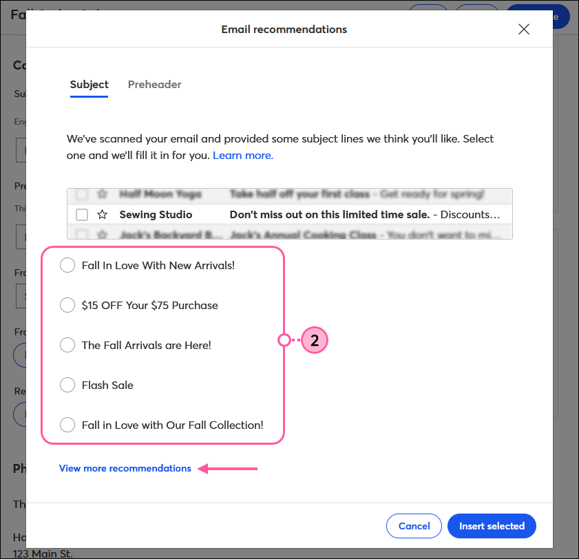Email recommendations, Subject tab, Subject line options, and View More Recommendations link