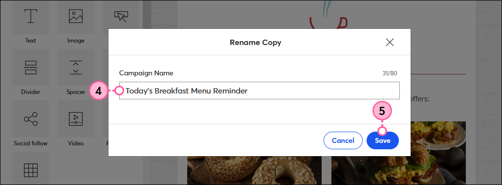 Rename Copy overlay with Campaign Name field and Save button