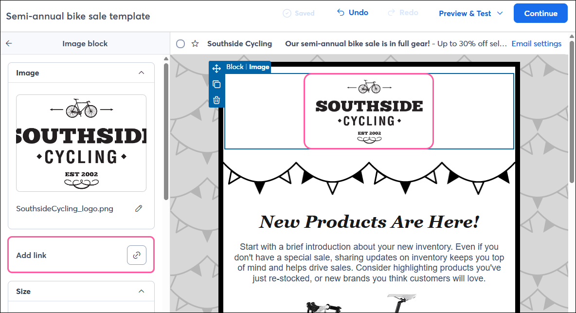 Email editor with Images tab and logo, and Image block with Image panel visible with Link button