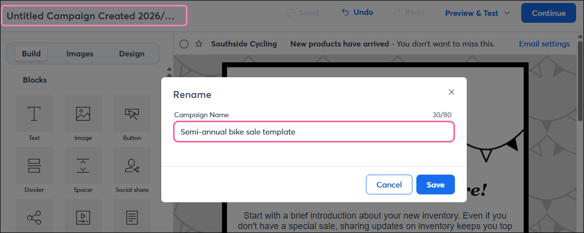 Email editor with Campaign Name and Rename overlay, Campaign Name field with Save button