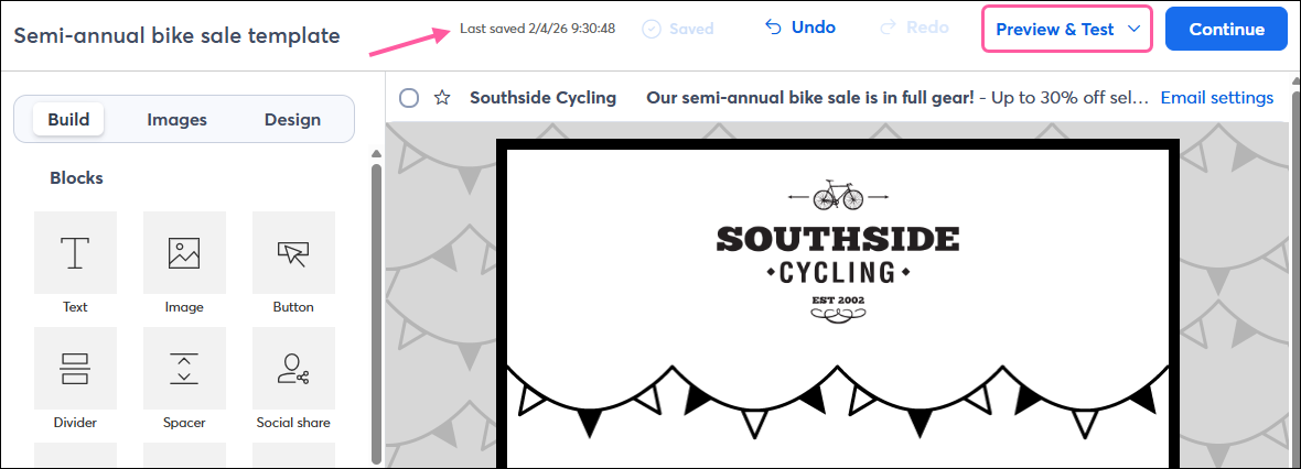 Email editor with "Last saved" notification and Preview & Test option