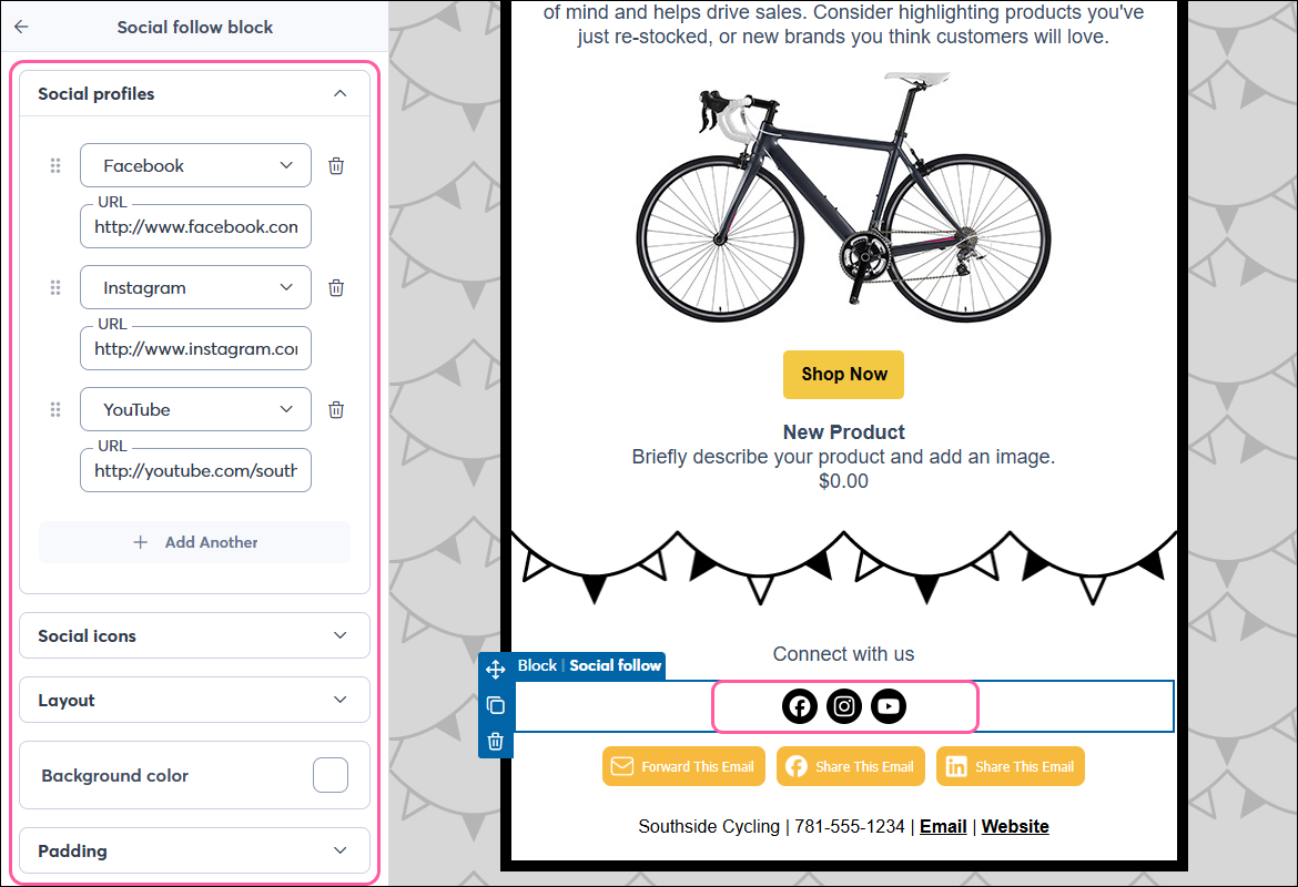 Social Follow block Edit Button and Social Follow Block Settings Panel