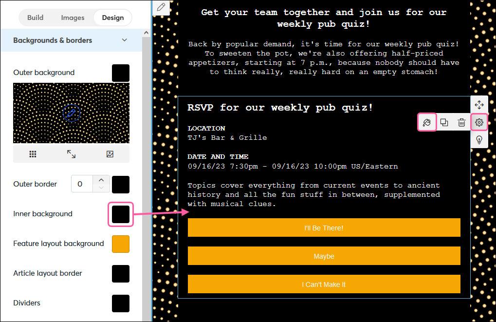 Design tab with Inner Background color