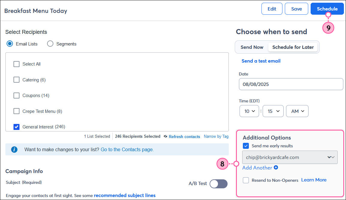 Email schedule page with Additional Options section and Schedule button