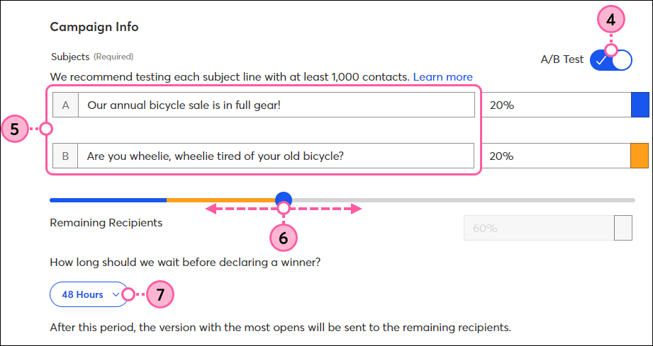 A/B Test Switch, Subject Line Fields, Remaining Recipients Slidebar, and How long should we wait Drop-down Menu
