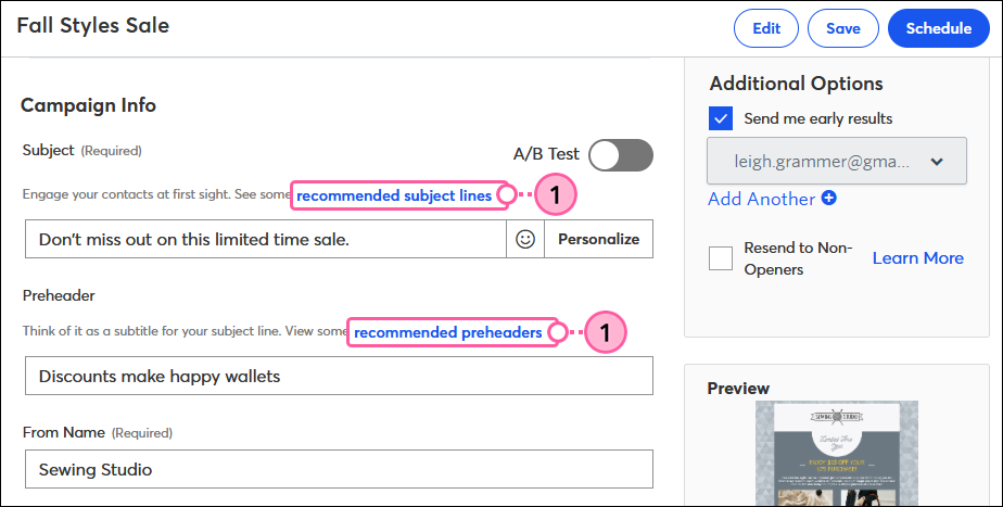 Email schedule page with Subject Line Recommendation link