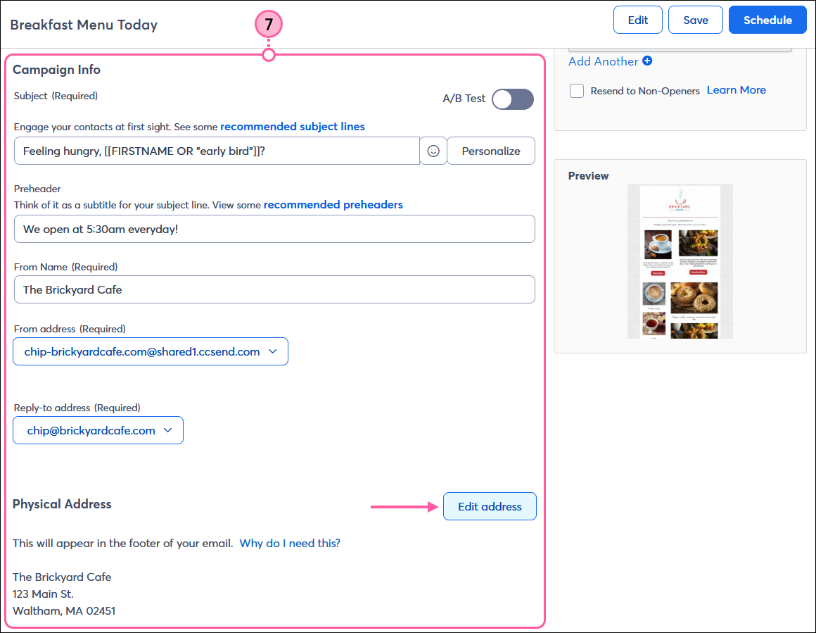 Email schedule page with Campaign Info section and Subject field and A/B Test toggle switch turned off, Preheader field, From address drop-down menu, and Reply-to address drop-down menu