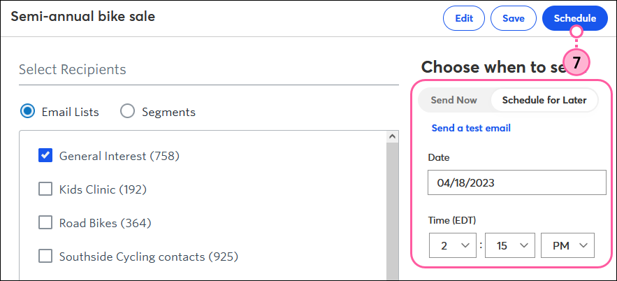 When To Send Options and Schedule button