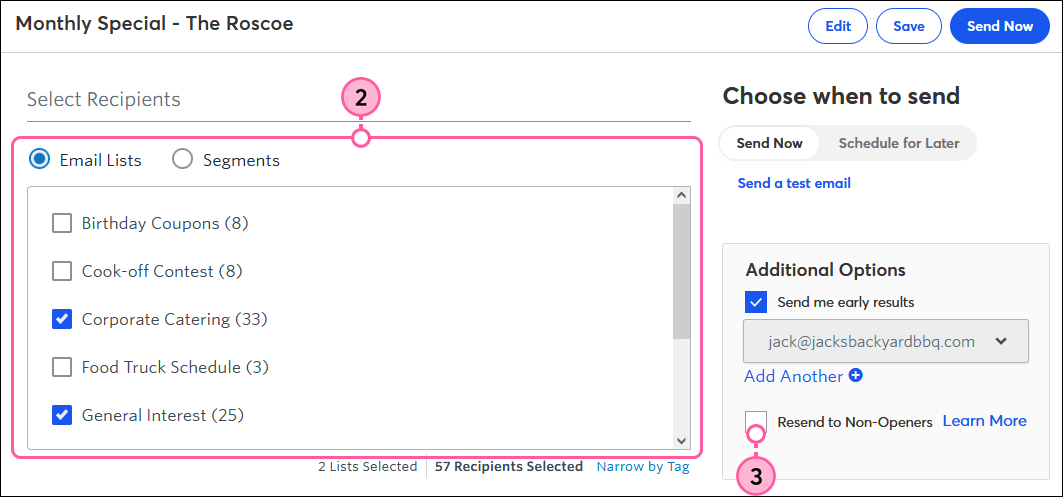 Select Recipients Options and Resend to Non-Openers Option