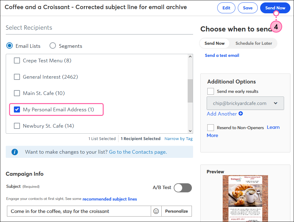 Email Schedule page with Email Lists option selected, list with personal email selected, and Send Now button