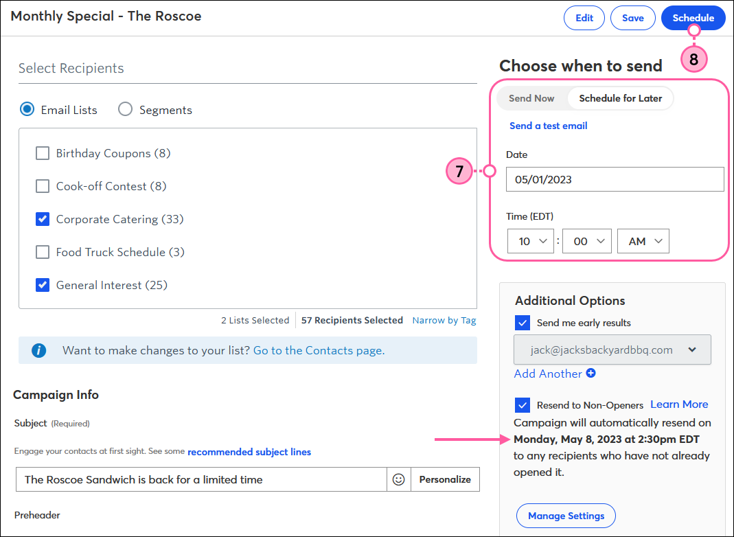 When to Send Options and Schedule Button