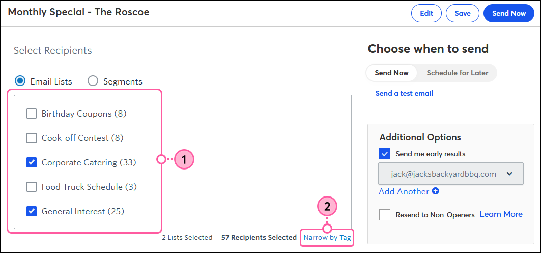 Email Lists Option Selected, Email Lists Selected, and Narrow by Tag link