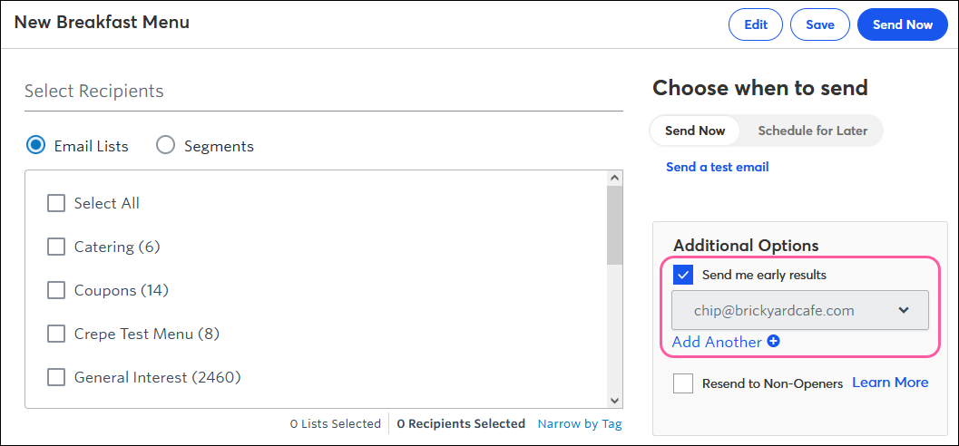 Email Schedule Page Early Campaign Results Checkbox
