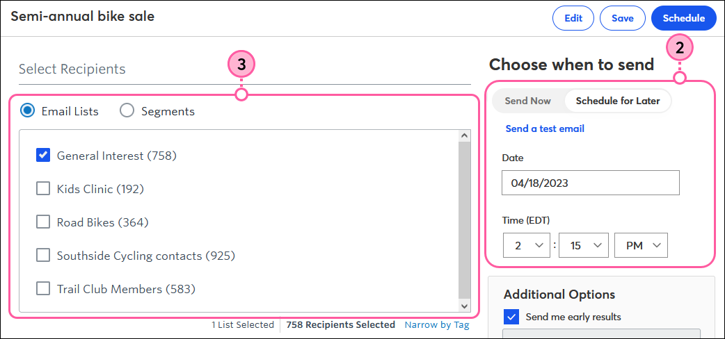 When to Send and Select Recipients Options