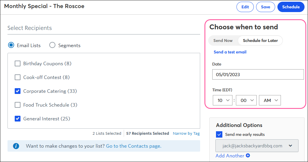 Página Email schedule (Programar correos electrónicos) con sección When to Send (Cuándo enviar)