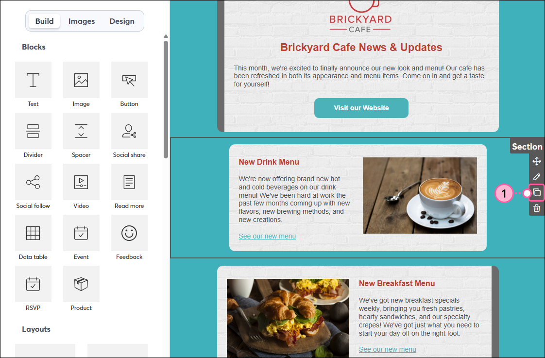 Email editor with Section highlighted and copy icon