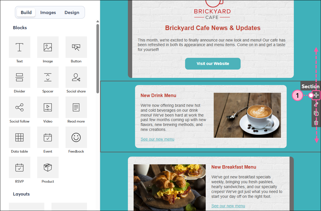 Email editor with Section highlighted and move icon