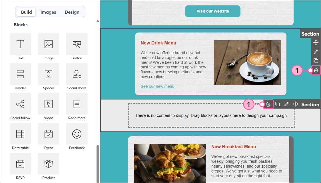 Email editor with Sections highlighted and trash can icons
