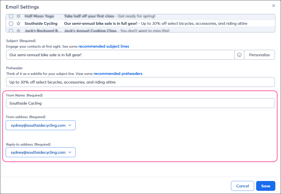 Email Header options with From Name field, From and Reply-to address drop-downs