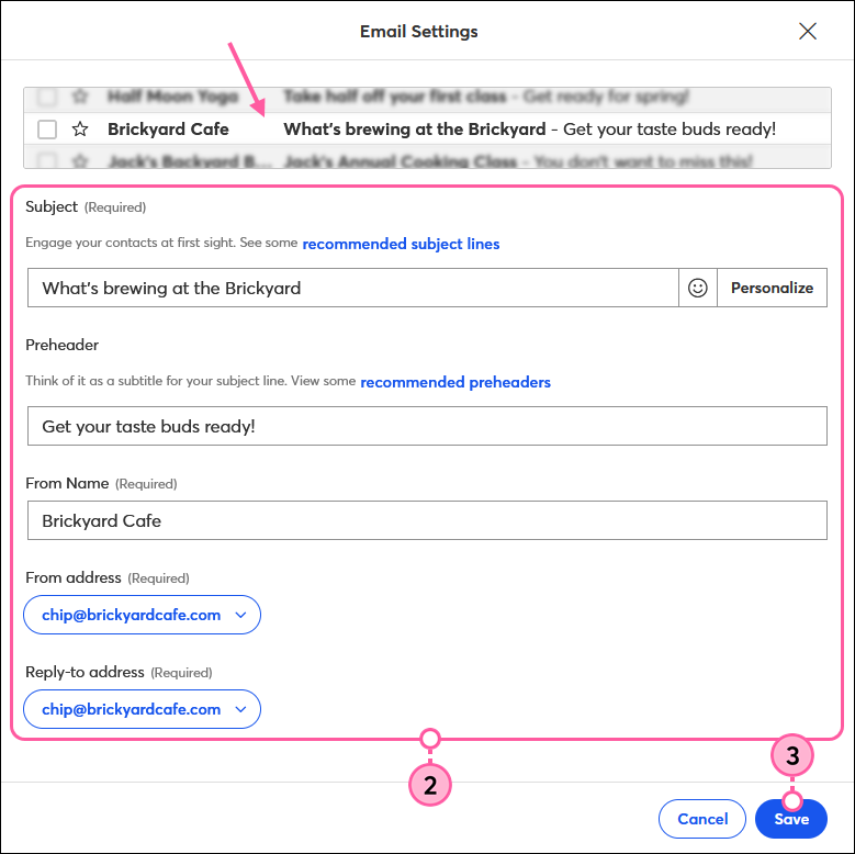 Subject, Preheader, and From Name Fields, From Address and Reply-to Address Drop-down Menus and Insert Button