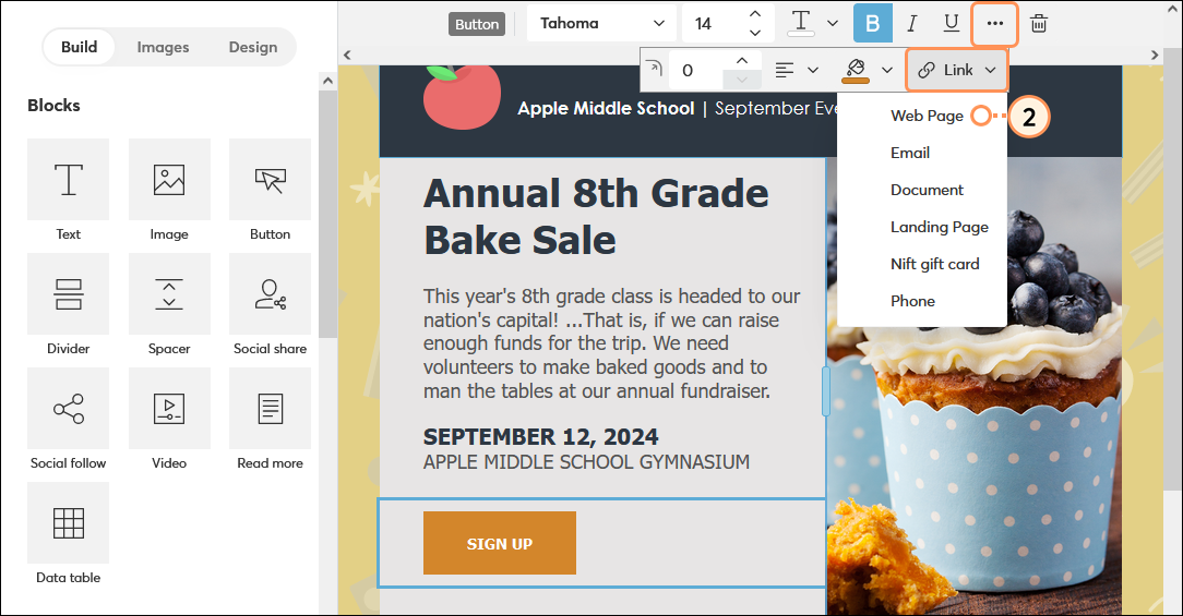 Button toolbar, link drop-down menu, and Web Page option