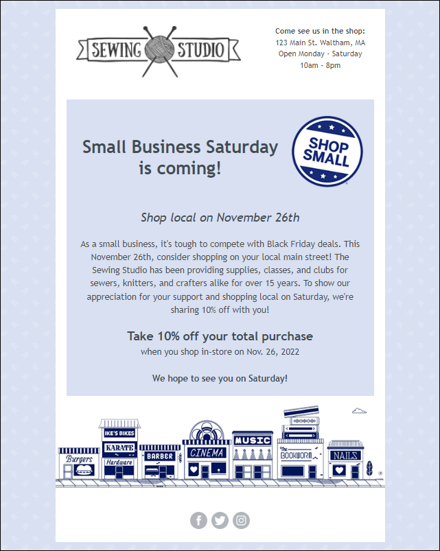 Small Business Saturday Email Example with Discount Promotion