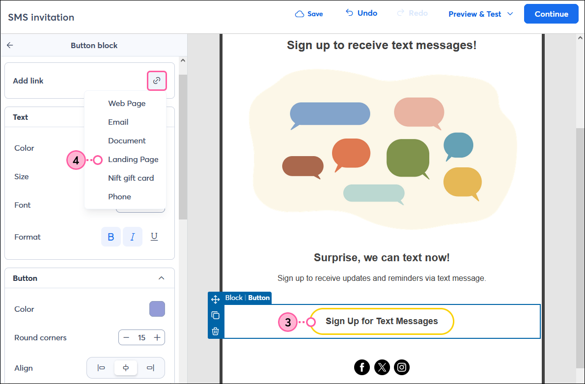 Email editor with Sign Up for Text Messages button and Customize button menu expanded, Add link button with menu expanded and Landing Page option selected