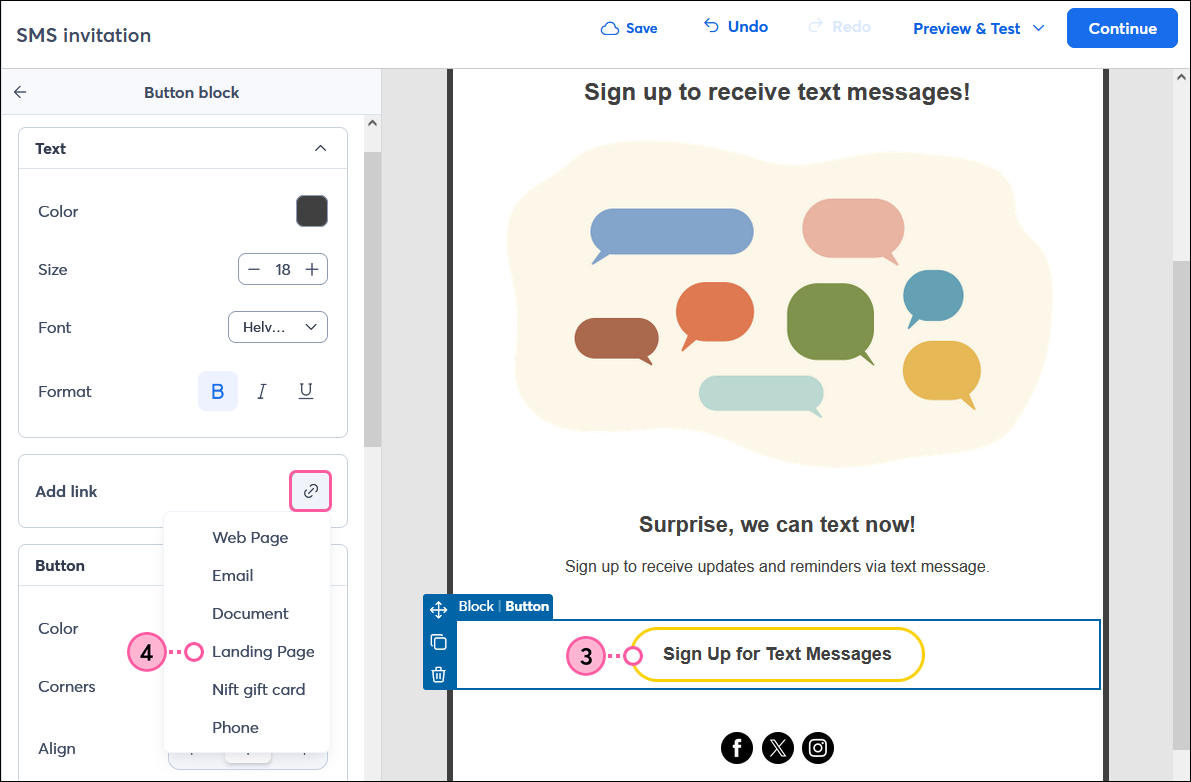 Email editor with Sign Up for Text Messages button and Customize button menu expanded, Add link button with menu expanded and Landing Page option selected