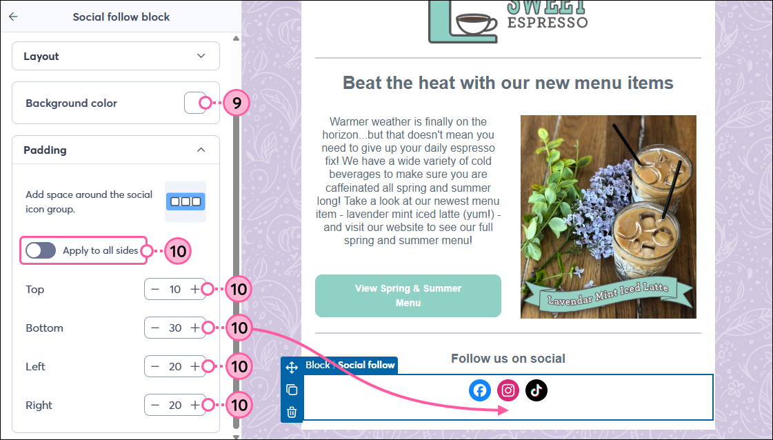 Panel izquierdo del bloque Social Follow con opciones Background Color (Color de fondo) y Padding (Relleno)