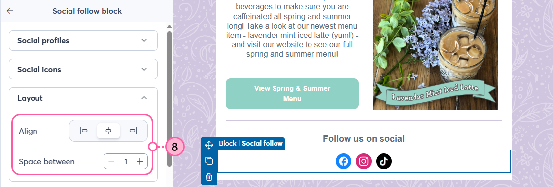 Panel izquierdo del bloque Social Follow con opciones Align (Alinear) y Space (Espaciar)