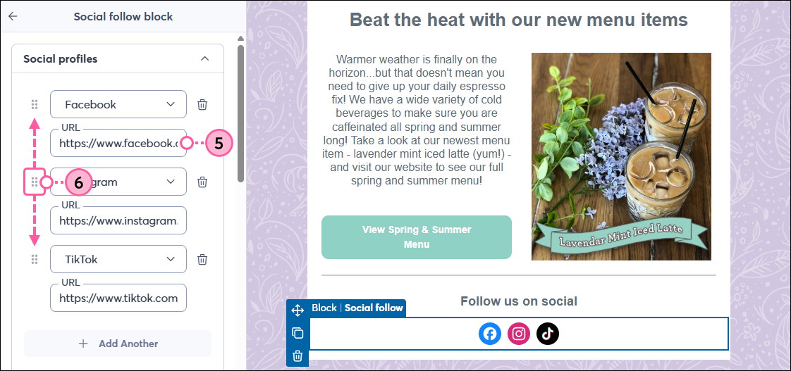 Páginas Enter links (Ingresar enlaces) y Social Accounts (Cuentas de redes sociales)