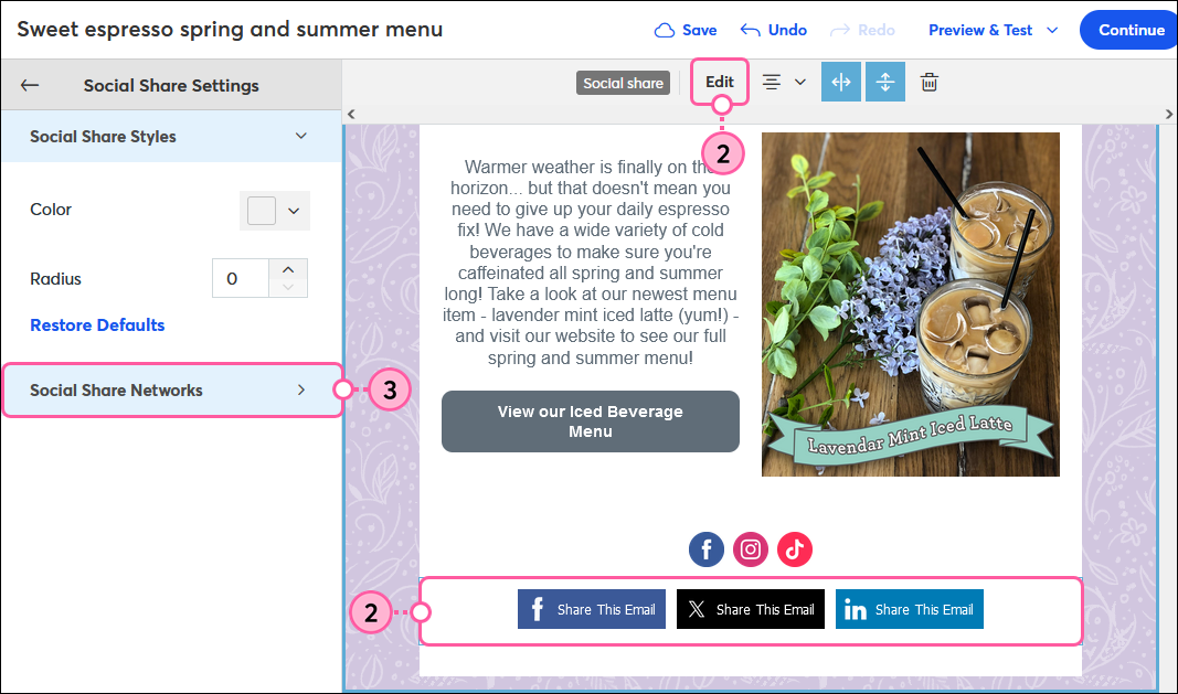 Social Share block toolbar with Edit button, and Social Share Settings panel with Social Share Networks section selected
