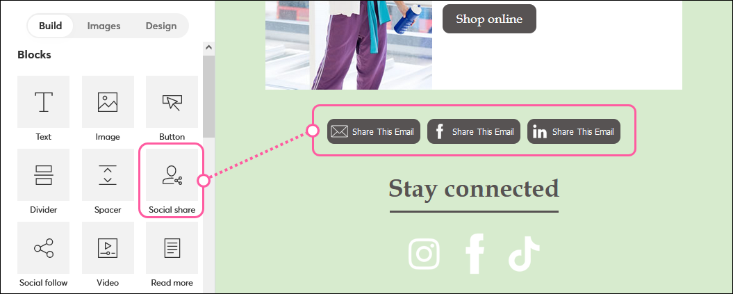 Social Share block in the Cross Device Editor