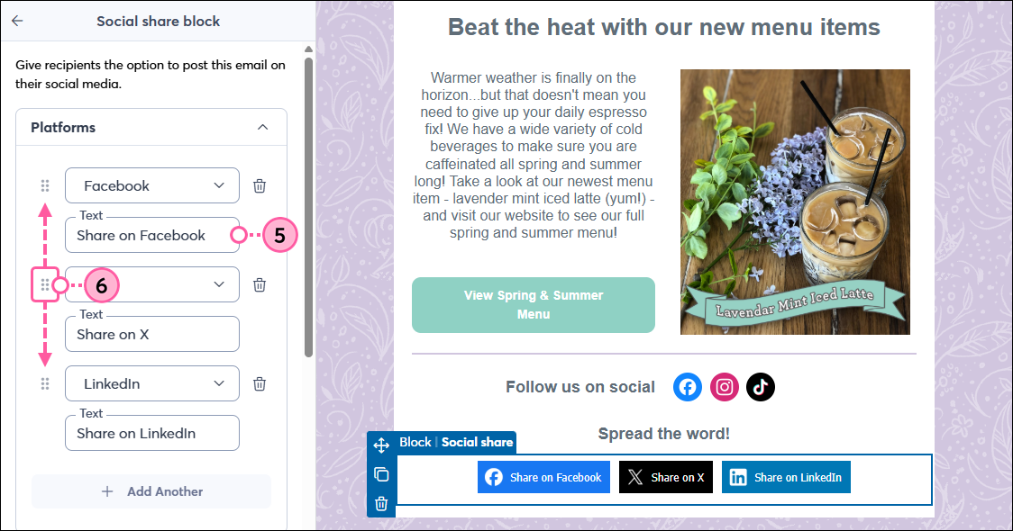 Actualizar el texto y la posición del bloque de Social Share Block