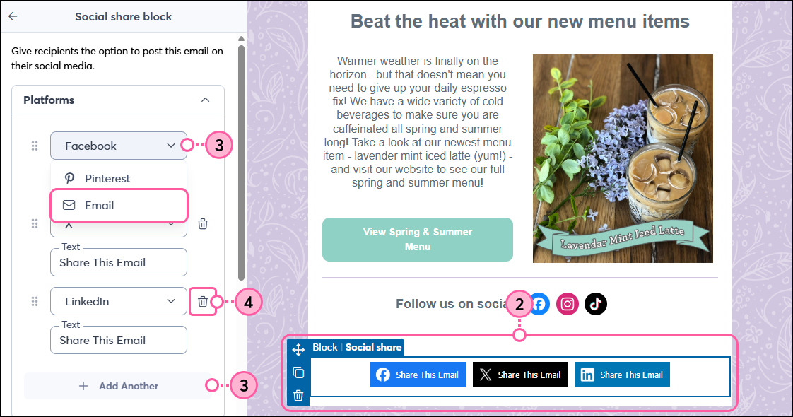 Social Share block panel with Platform drop-down and Email option, Add Another button, and Trash can icon