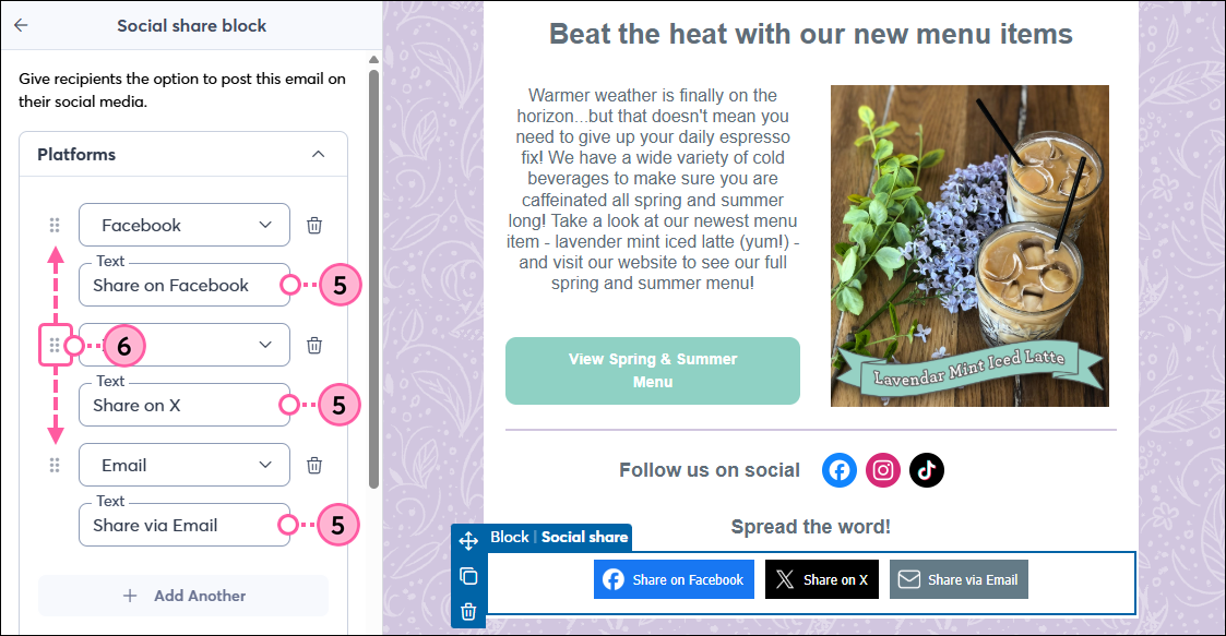 Social Share block panel with button text fields and stacked dots to drag and button text fields