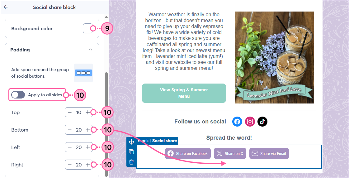 Social Share block panel with Background Color and Padding options