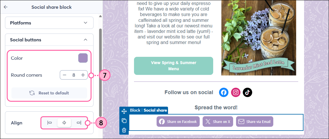 Social Share block panel with Social Buttons section, color and round corners options