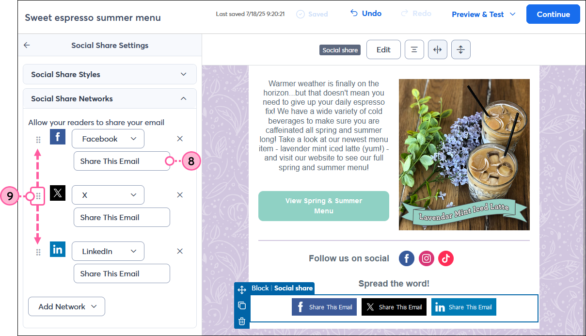 Update Social Share Block Text and Position