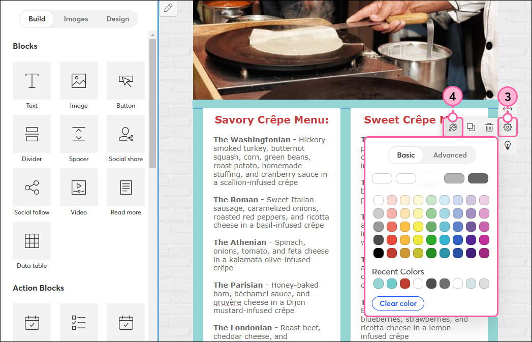 Email template with spacer below banner image with side menu expanded and Settings menu expanded, and Color palette expanded with Basic option selected