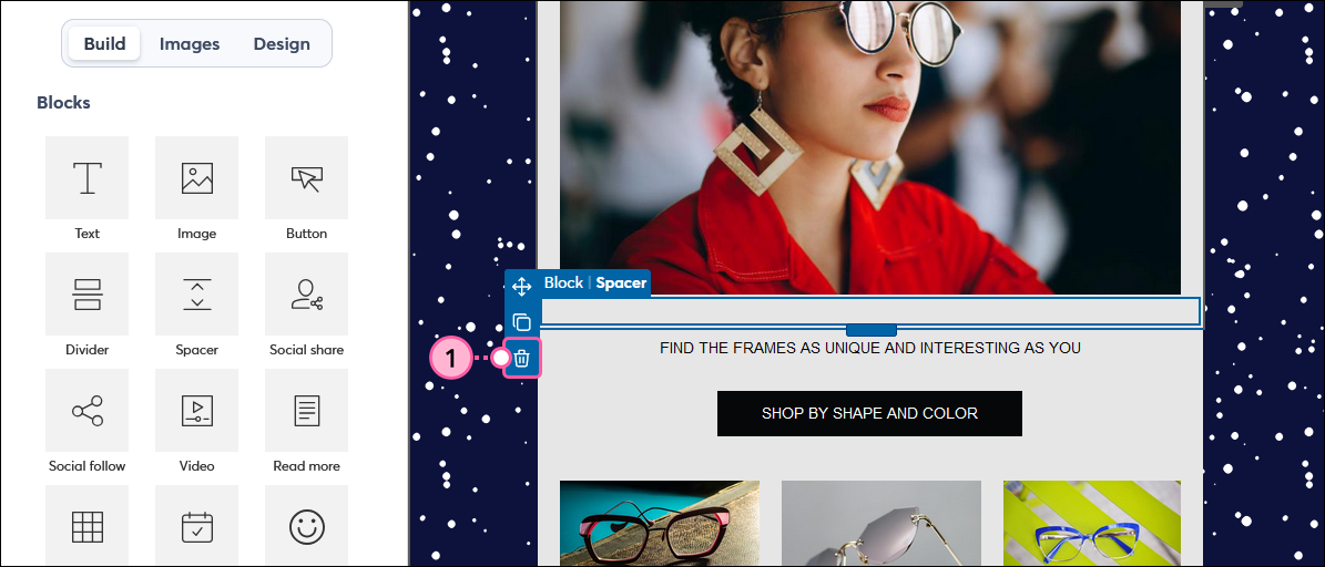 Email editor with spacer block side menu expanded, Edit this layout icon selected, and Delete option selected